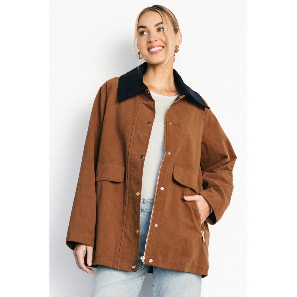 In Loom Barn Chore Jacket Women's Large Brown Navy Corduroy Collar Utility Plaid